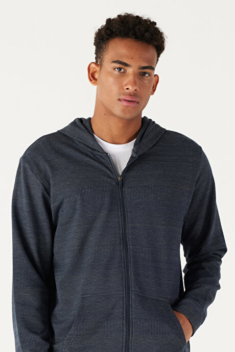 Standart Fit Normal Kesim Kapüşonlu Fermuarlı Lacivert-Gri Sweatshirt resmi