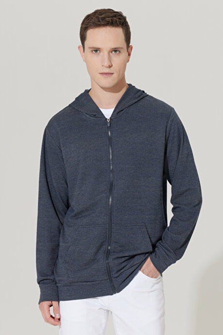 Standart Fit Normal Kesim Kapüşonlu Fermuarlı Lacivert-Gri Sweatshirt resmi