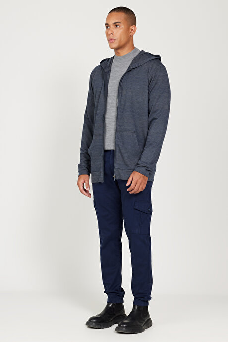Standart Fit Normal Kesim Kapüşonlu Fermuarlı Lacivert-Gri Sweatshirt Ceket resmi