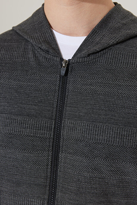 Standart Fit Normal Kesim Kapüşonlu Fermuarlı Siyah-Gri Sweatshirt resmi