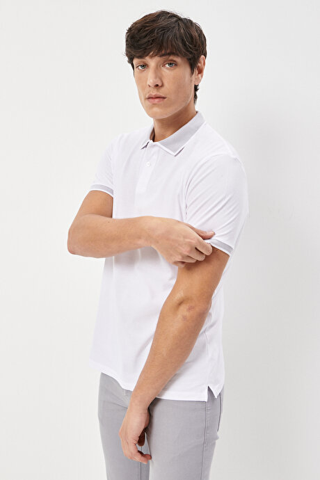 Slim Fit Dar Kesim Polo Yaka Kısa Kollu Basic Beyaz-Beyaz Tişört resmi