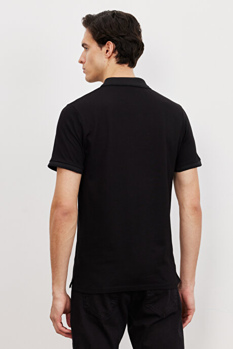 Slim Fit Dar Kesim Polo Yaka Kısa Kollu Basic Siyah-Siyah Tişört resmi