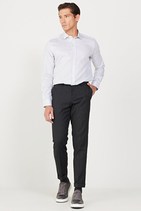Slim Fit Dar Kesim Beli Lastikli Desenli Esnek Antrasit Pantolon resmi