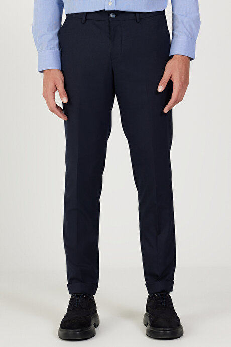 Slim Fit Dar Kesim Beli Lastikli Desenli Esnek Lacivert Pantolon resmi