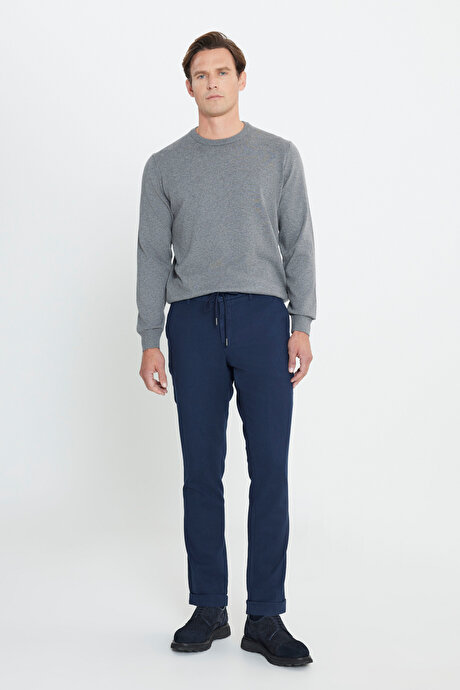 Slim Fit Dar Kesim Beli Bağlamalı Esnek Lacivert Pantolon resmi