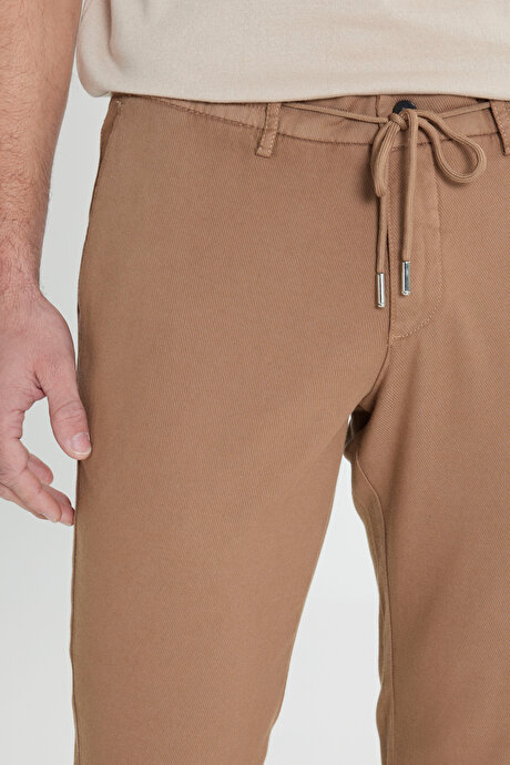 Slim Fit Dar Kesim Beli Bağlamalı Esnek Vizon Pantolon resmi