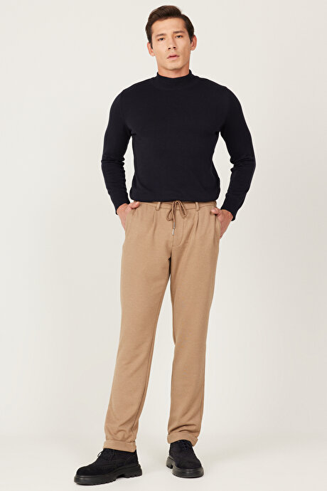 Slim Fit Dar Kesim Beli Bağlamalı Esnek Vizon Pantolon resmi