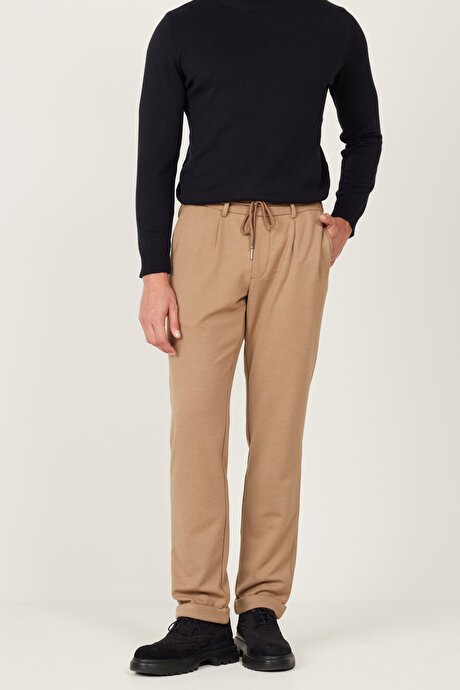 Slim Fit Dar Kesim Beli Bağlamalı Esnek Vizon Pantolon resmi