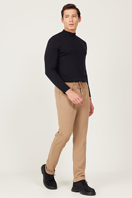 Slim Fit Dar Kesim Beli Bağlamalı Esnek Vizon Pantolon resmi