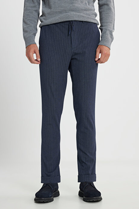 Slim Fit Dar Kesim Gofre Desenli Beli Bağlamalı Yan Cep Esnek Jogger Lacivert Pantolon resmi