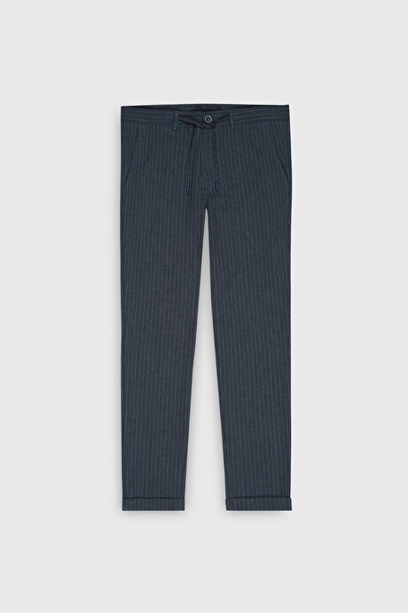 Slim Fit Dar Kesim Gofre Desenli Beli Bağlamalı Yan Cep Esnek Jogger Lacivert Pantolon resmi