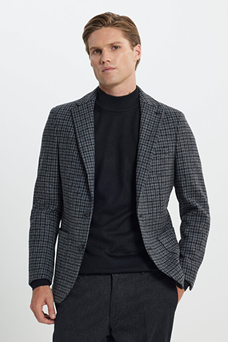 Slim Fit Dar Kesim Mono Yaka %100 Yün Kareli Antrasit-Siyah Ceket resmi