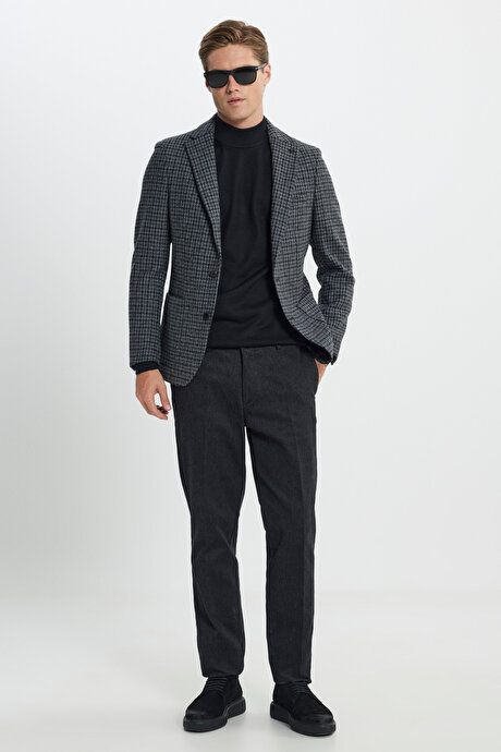 Slim Fit Dar Kesim Mono Yaka %100 Yün Kareli Antrasit-Siyah Ceket resmi