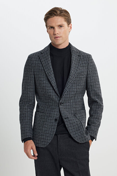Slim Fit Dar Kesim Mono Yaka %100 Yün Kareli Antrasit-Siyah Ceket resmi
