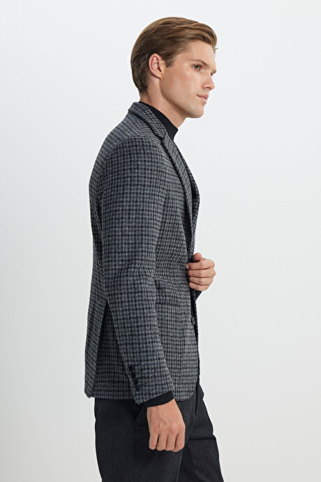 Slim Fit Dar Kesim Mono Yaka %100 Yün Kareli Antrasit-Siyah Ceket resmi