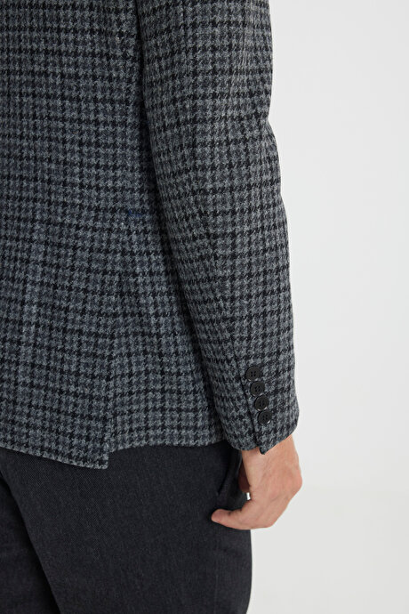 Slim Fit Dar Kesim Mono Yaka %100 Yün Kareli Antrasit-Siyah Ceket resmi