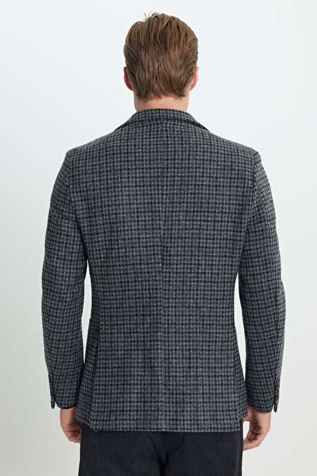 Slim Fit Dar Kesim Mono Yaka %100 Yün Kareli Antrasit-Siyah Ceket resmi
