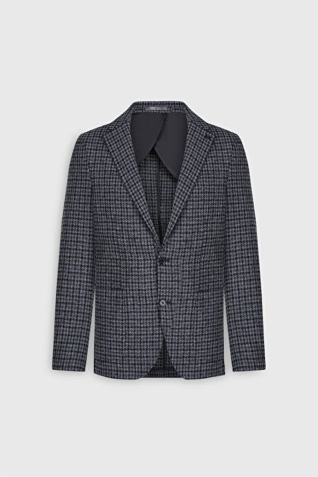 Slim Fit Dar Kesim Mono Yaka %100 Yün Kareli Antrasit-Siyah Ceket resmi