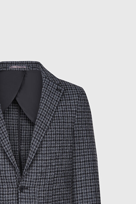 Slim Fit Dar Kesim Mono Yaka %100 Yün Kareli Antrasit-Siyah Ceket resmi
