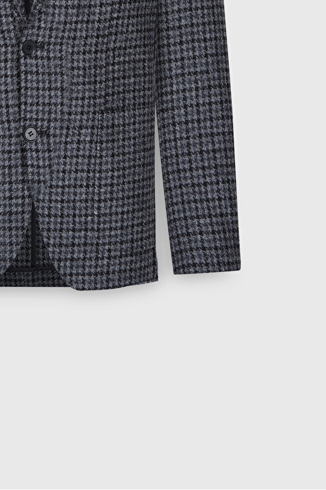 Slim Fit Dar Kesim Mono Yaka %100 Yün Kareli Antrasit-Siyah Ceket resmi