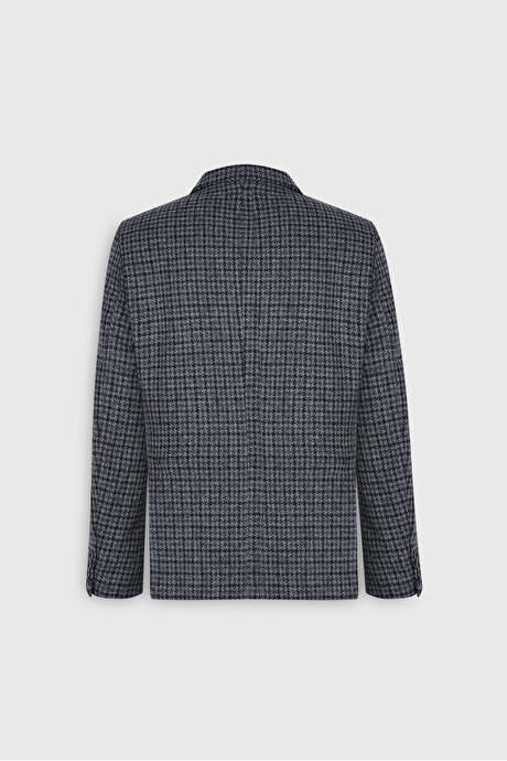 Slim Fit Dar Kesim Mono Yaka %100 Yün Kareli Antrasit-Siyah Ceket resmi