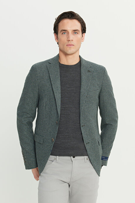 Slim Fit Dar Kesim Mono Yaka Desenli Yünlü Yeşil Ceket resmi