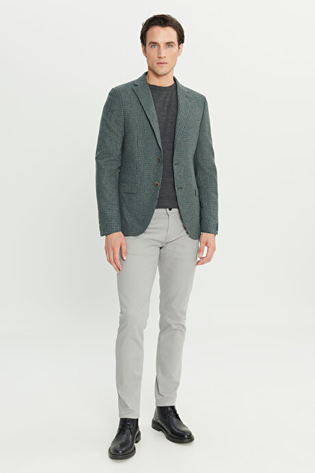 Slim Fit Dar Kesim Mono Yaka Desenli Yünlü Yeşil Ceket resmi