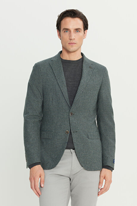 Slim Fit Dar Kesim Mono Yaka Desenli Yünlü Yeşil Ceket resmi