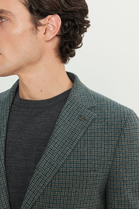 Slim Fit Dar Kesim Mono Yaka Desenli Yünlü Yeşil Ceket resmi