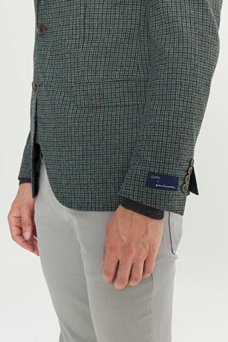 Slim Fit Dar Kesim Mono Yaka Desenli Yünlü Yeşil Ceket resmi