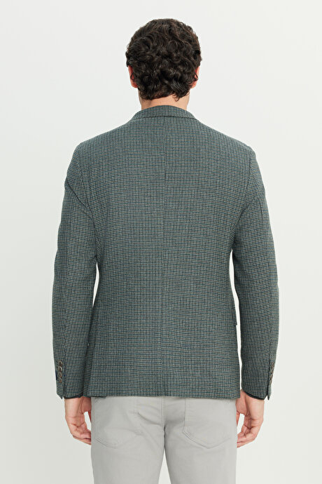 Slim Fit Dar Kesim Mono Yaka Desenli Yünlü Yeşil Ceket resmi