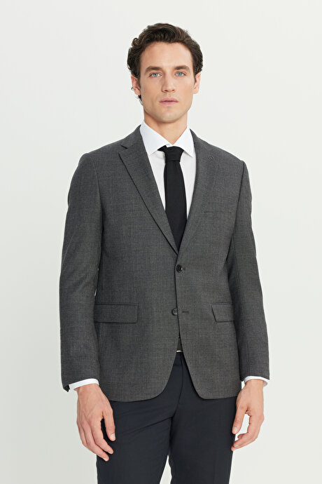 Comfort Fit Rahat Kesim Mono Yaka Desenli Yünlü Antrasit Ceket resmi