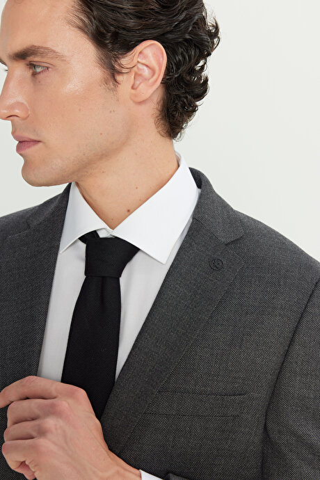 Comfort Fit Rahat Kesim Mono Yaka Desenli Yünlü Antrasit Ceket resmi