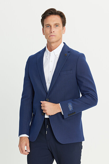 Slim Fit Dar Kesim Mono Yaka Pamuklu Desenli Lacivert-Beyaz Ceket resmi