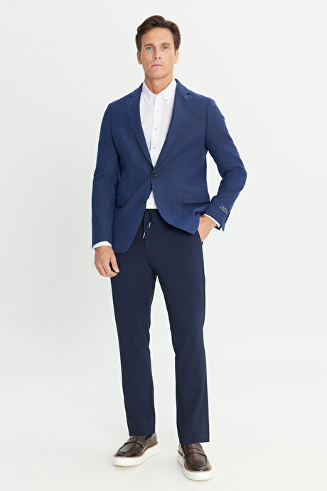 Slim Fit Dar Kesim Mono Yaka Pamuklu Desenli Lacivert-Beyaz Ceket resmi