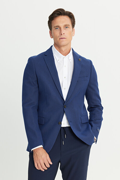 Slim Fit Dar Kesim Mono Yaka Pamuklu Desenli Lacivert-Beyaz Ceket resmi