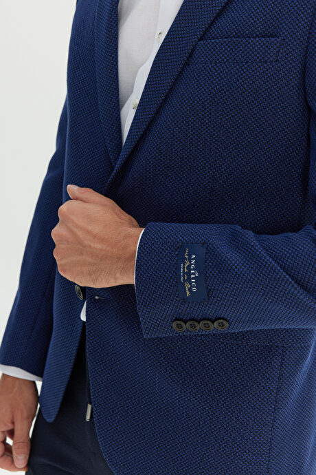 Slim Fit Dar Kesim Mono Yaka Pamuklu Desenli Lacivert-Beyaz Ceket resmi
