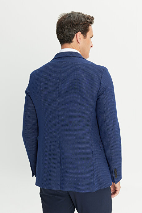 Slim Fit Dar Kesim Mono Yaka Pamuklu Desenli Lacivert-Beyaz Ceket resmi