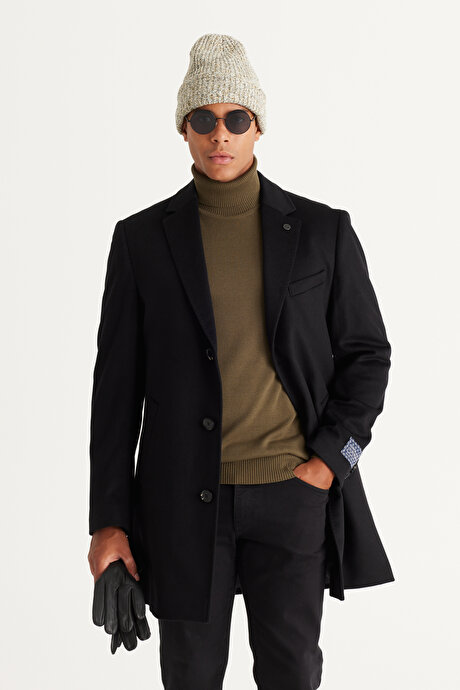 Standart Fit Normal Kesim Mono Yaka Kaşmir Karışımlı Yünlü Siyah Palto resmi
