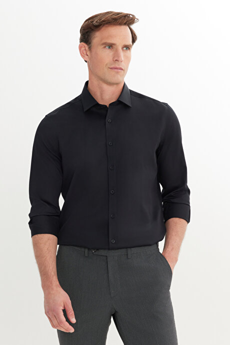 Slim Fit Dar Kesim Klasik Yaka %100 Pamuk Ütü Gerektirmeyen Non-Iron Siyah Gömlek resmi