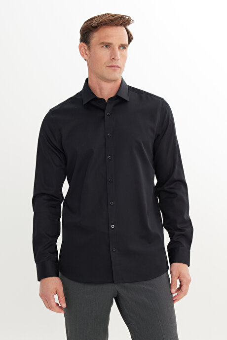 Slim Fit Dar Kesim Klasik Yaka %100 Pamuk Ütü Gerektirmeyen Non-Iron Siyah Gömlek resmi