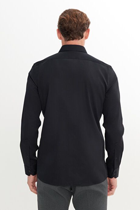 Slim Fit Dar Kesim Klasik Yaka %100 Pamuk Ütü Gerektirmeyen Non-Iron Siyah Gömlek resmi