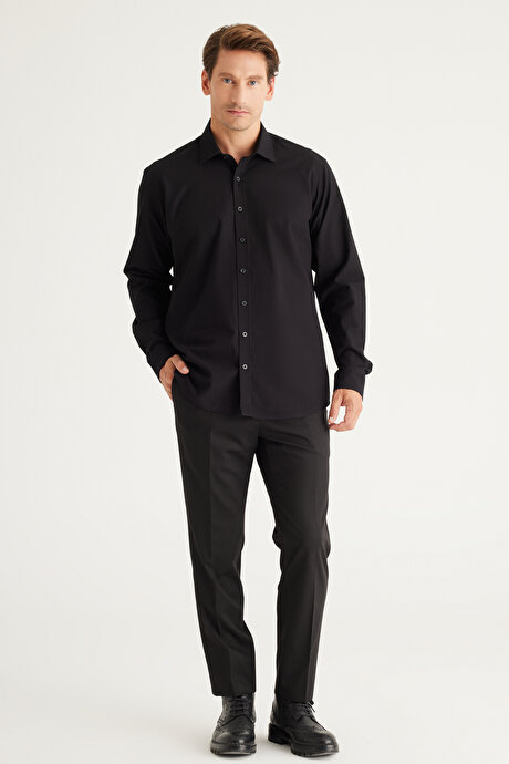 Comfort Fit Rahat Kesim %100 Pamuk Klasik Yaka Siyah Gömlek resmi