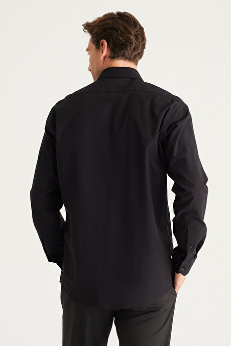 Comfort Fit Rahat Kesim %100 Pamuk Klasik Yaka Siyah Gömlek resmi