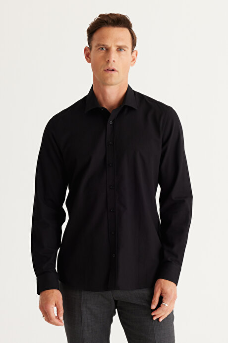 Slim Fit Dar Kesim Klasik Yaka %100 Pamuk Armürlü Siyah Gömlek resmi