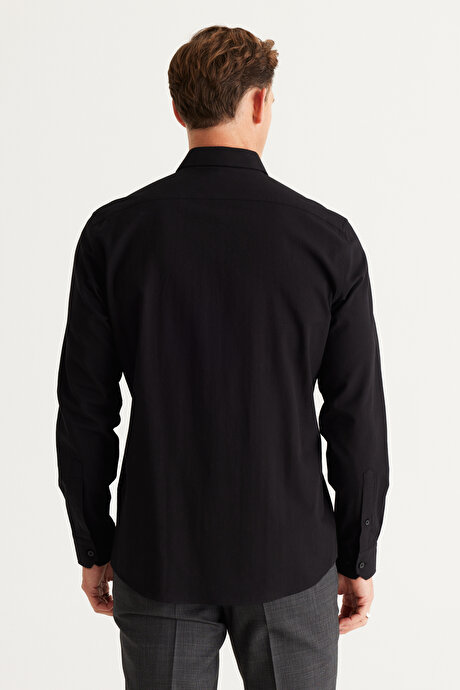 Slim Fit Dar Kesim Klasik Yaka %100 Pamuk Armürlü Siyah Gömlek resmi