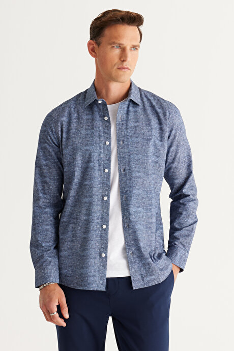 Slim Fit Dar Kesim Klasik Yaka %100 Pamuk Baskılı Lacivert Gömlek resmi
