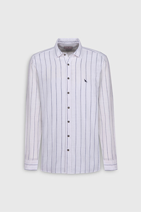 Slim Fit Dar Kesim %100 Pamuk Klasik Yaka Çizgili Beyaz-Lacivert Gömlek resmi