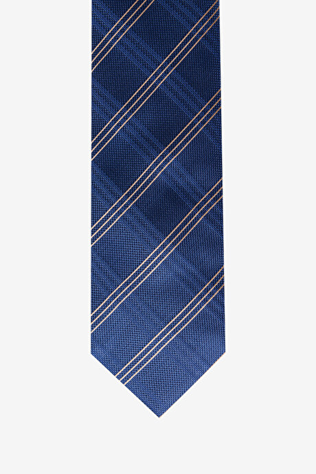 Desenli İpek Lacivert-Bej Kravat resmi