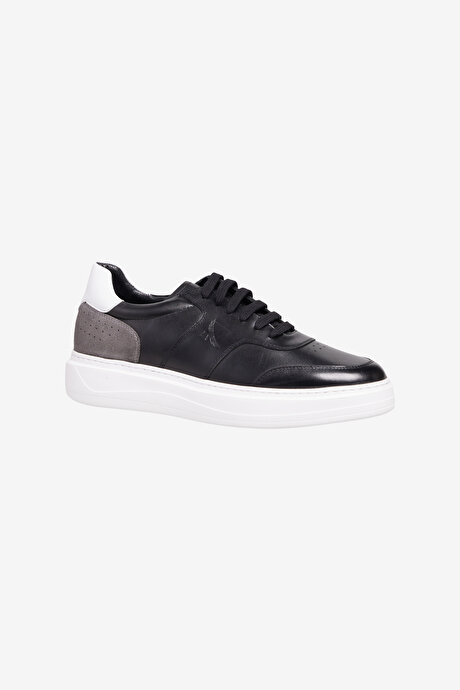 %100 Deri Rahat Taban Esnek Sneaker Siyah Ayakkabı resmi